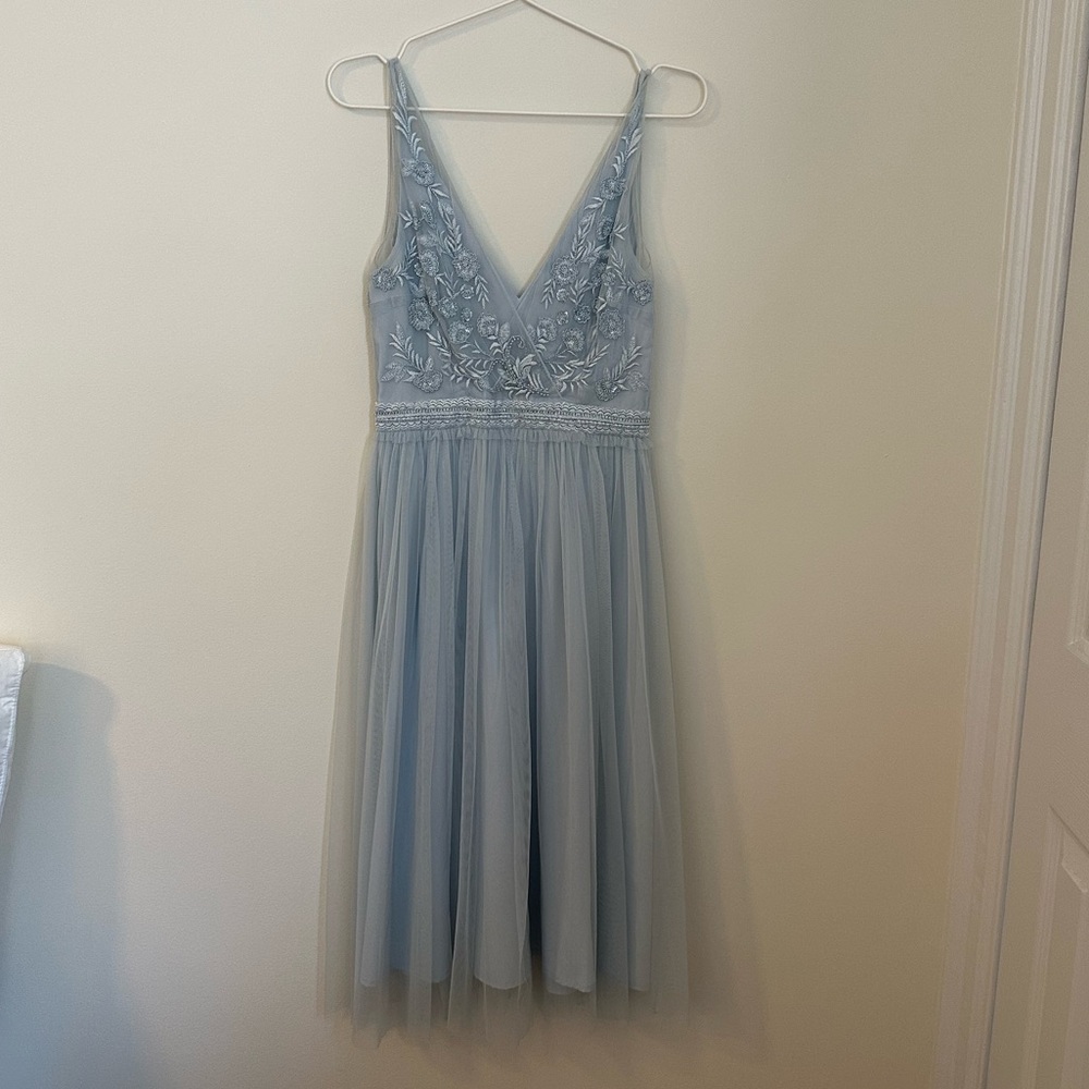 French Connection Baby Blue Embellished Midi Dress